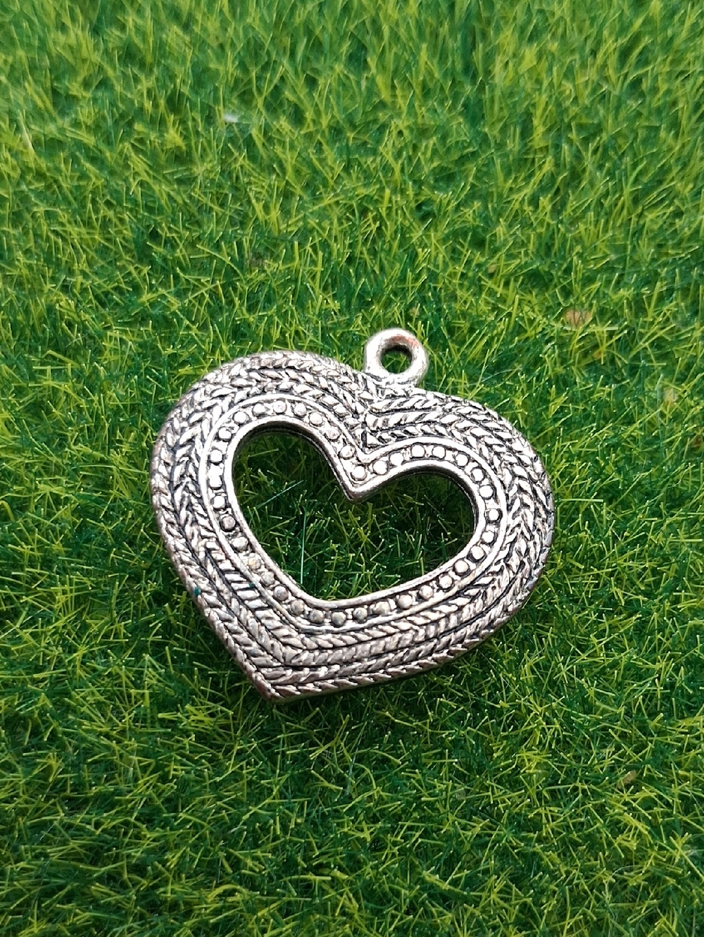 Silver Tone Heart Pendant Charm - Detailed Textured Design P423